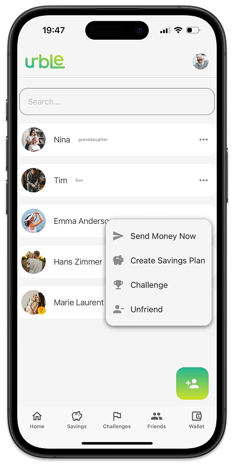 urble app friends with context menu