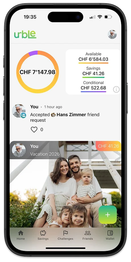 App screen: savings progress on the home screen