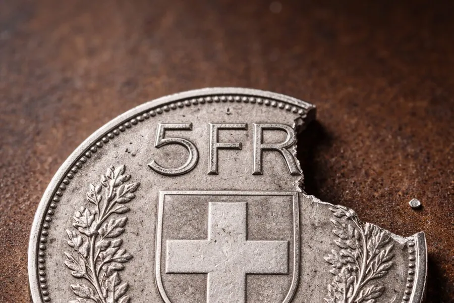 Eine Schweizer 5-Franken-Münze mit einer abgebissenen Ecke als Symbol für Inflation, die das Ersparte auffrisst