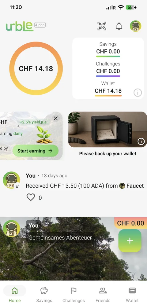 The wallet backup prompt on the urble home screen.