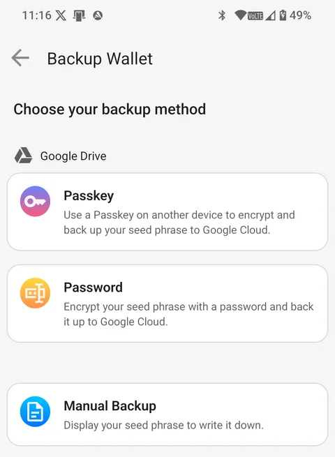Choose cloud backup or a manual seed phrase backup.