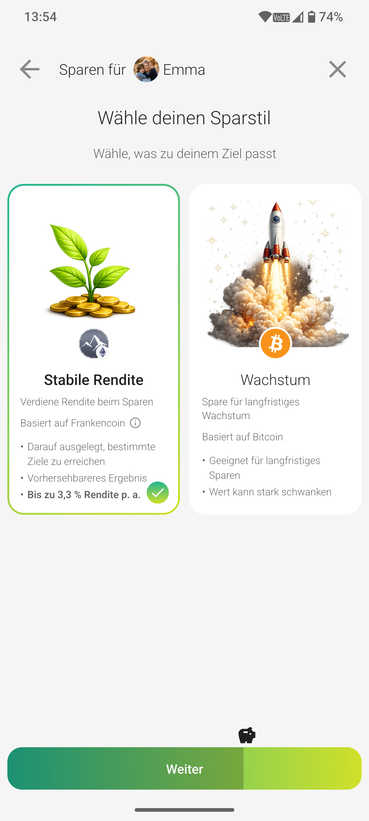 Wähle zwischen einem stabilen Ertrag und einem wachstumsorientierten Sparstil.