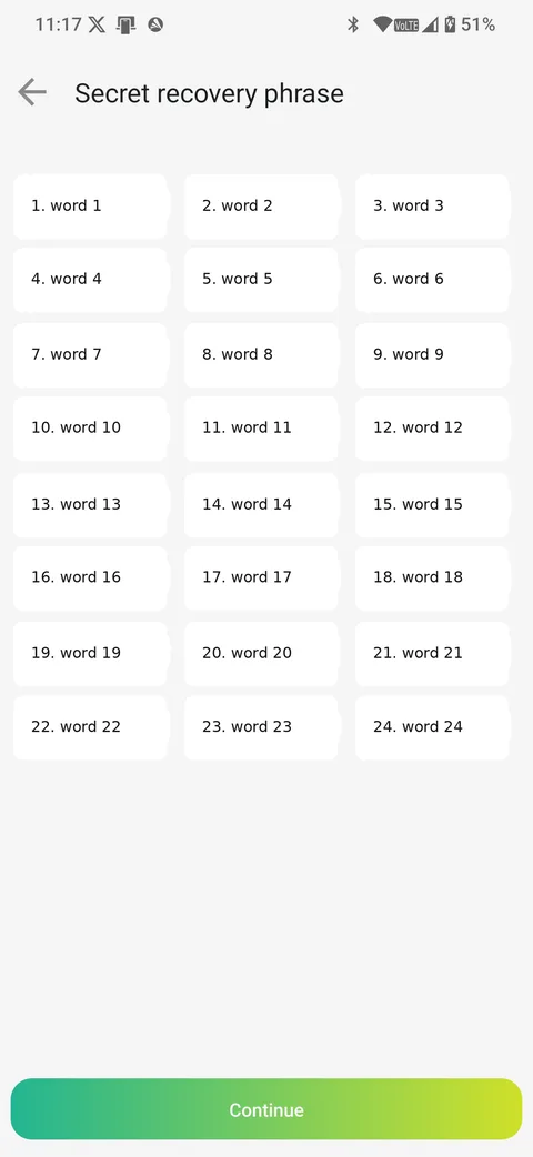 The manual seed phrase backup screen.