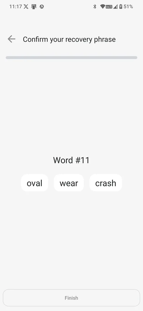 Confirm that the seed phrase was recorded correctly.