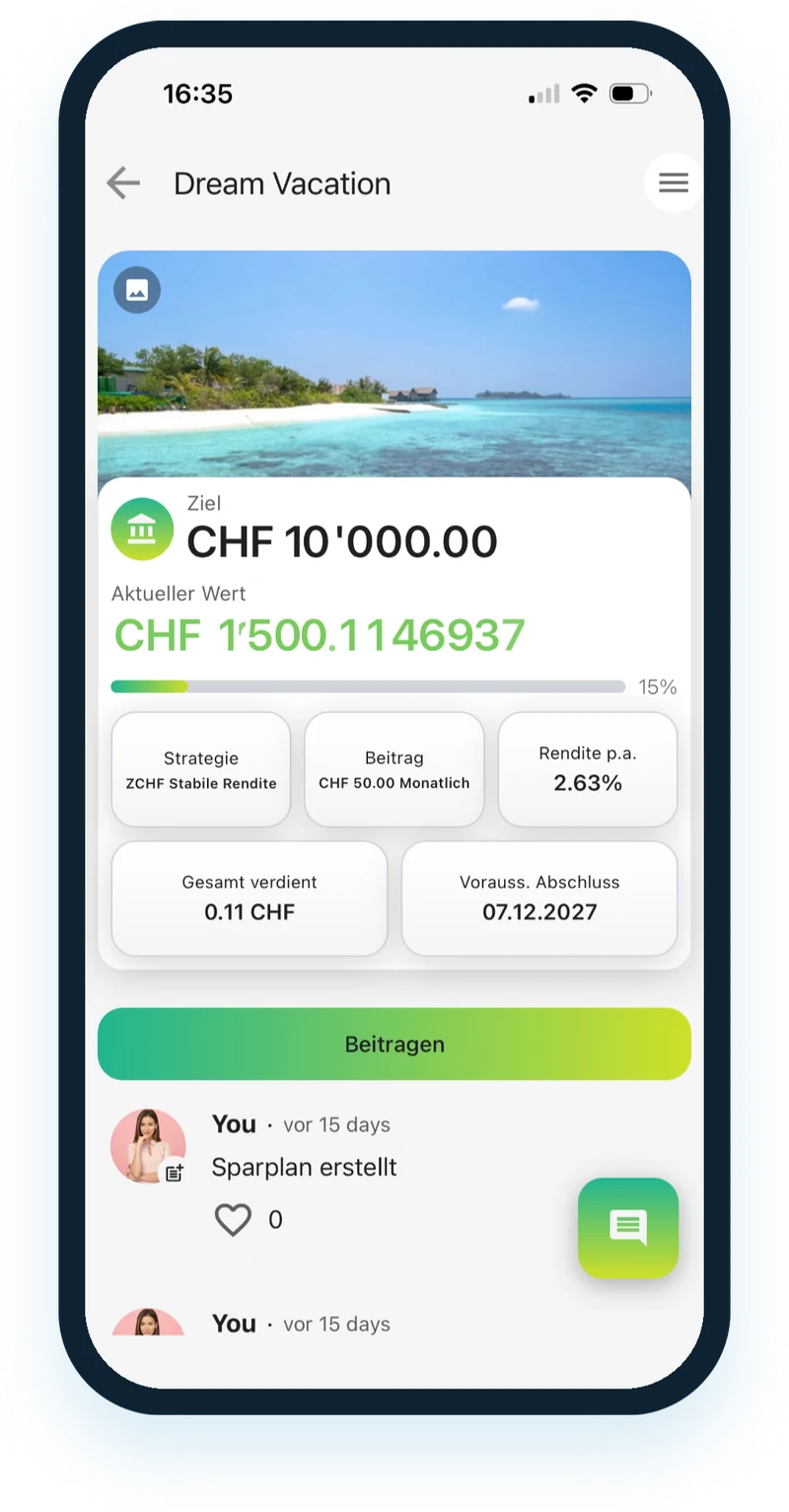 CHF-Sparziel in der urble App mit live aktualisiertem Guthaben bei 2,63 % Rendite pro Jahr