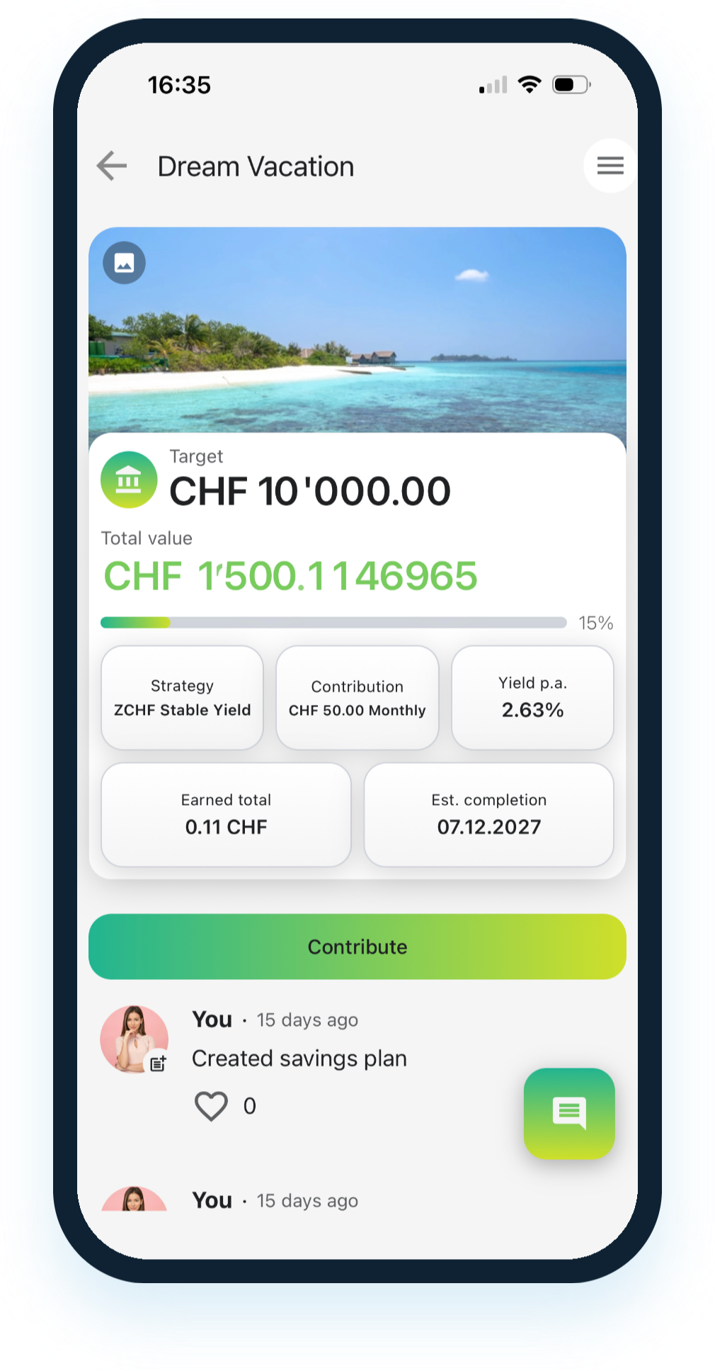 CHF savings goal in the urble app